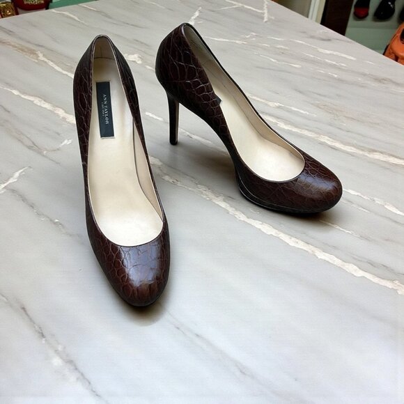 Ann Taylor Brown Embossed Croc Leather Platform Round Toe Heels Size 8.5 Medium - Picture 1 of 12